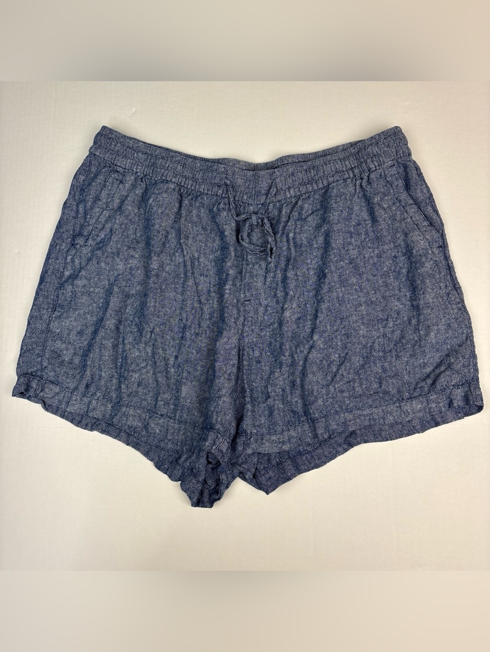 Old Navy Women 2X Shorts Blue Chambray Elastic Waist Drawstring Linen Rayon